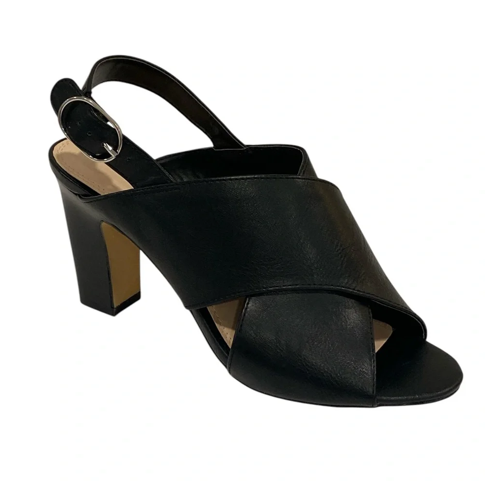 Kelly & Katie Astalia Crisscross Black Leather Peep Toe Heels Women’s 9.5 NEW